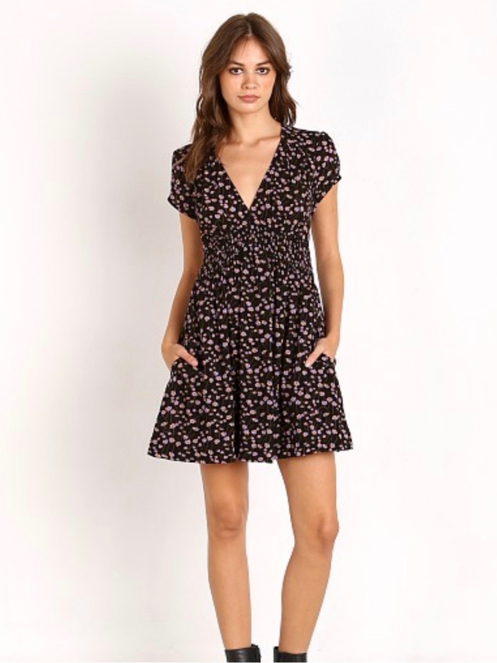 Free People Black Mini Dress with Pink Floral Print